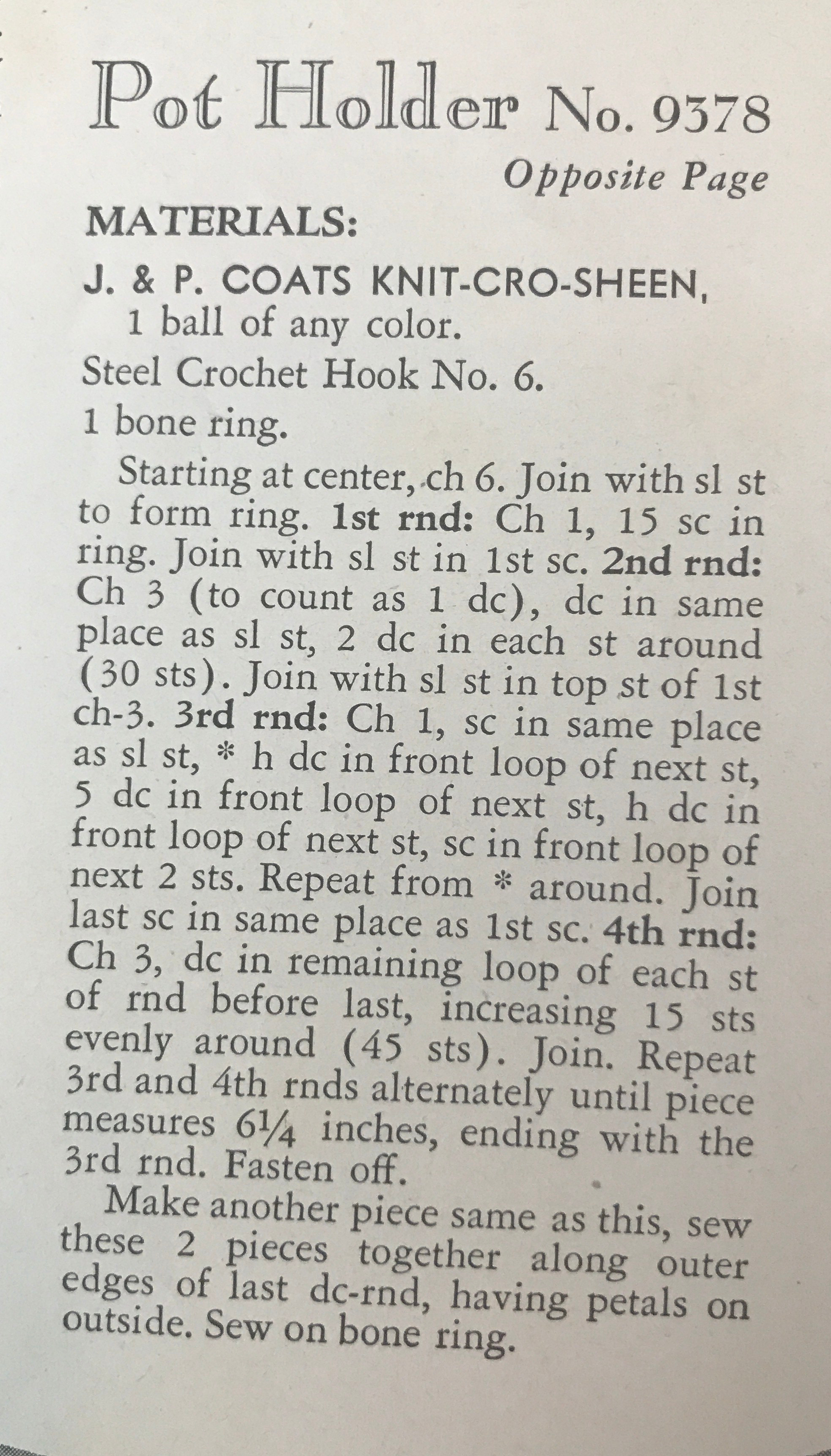 vintage potholder pattern